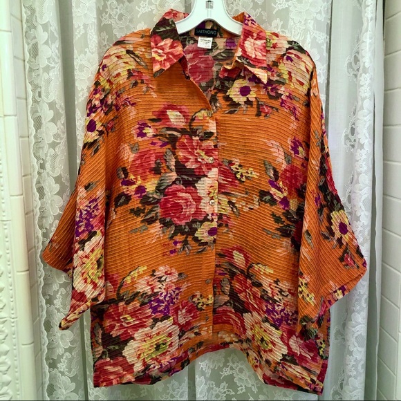 SAITHONG * NWOT Designer Vibrant Orange Floral Kimono-Style Blouse - Picture 1 of 6